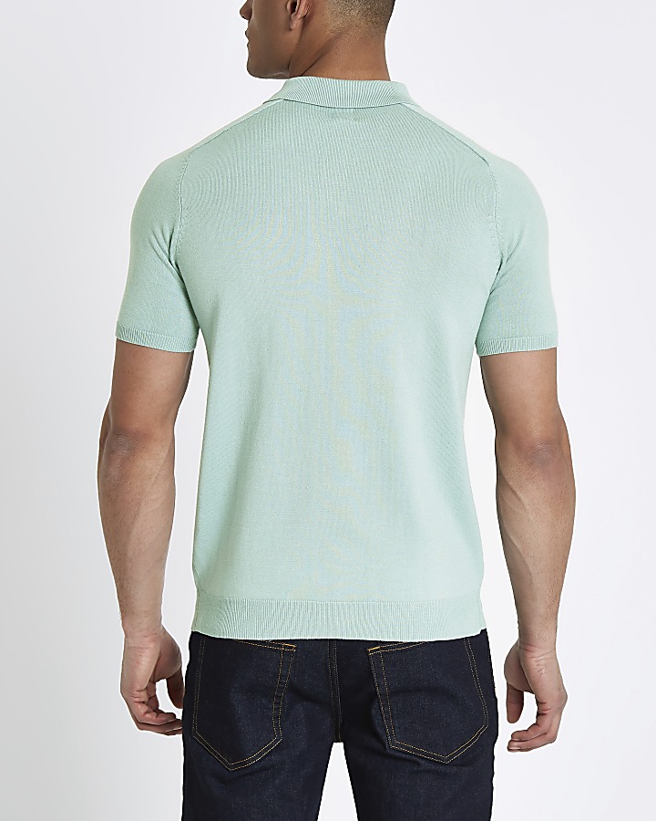 Mint green slim fit wasp knit polo shirt