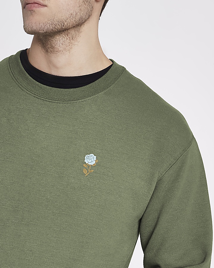 Khaki green rose embroidery print sweatshirt