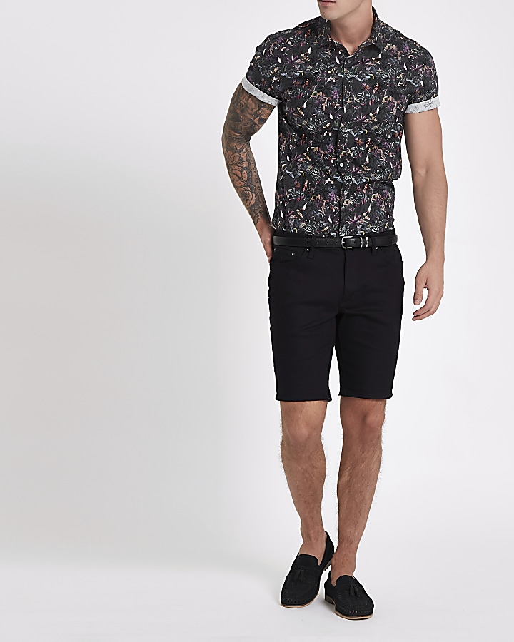 Black muscle fit floral shirt