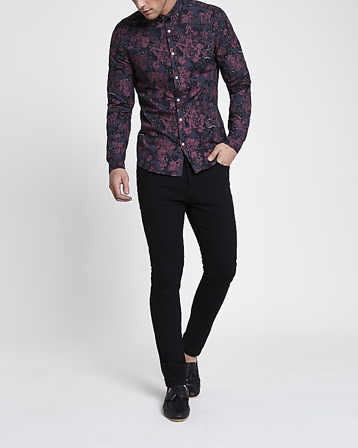 Burgundy floral long sleeve slim fit shirt