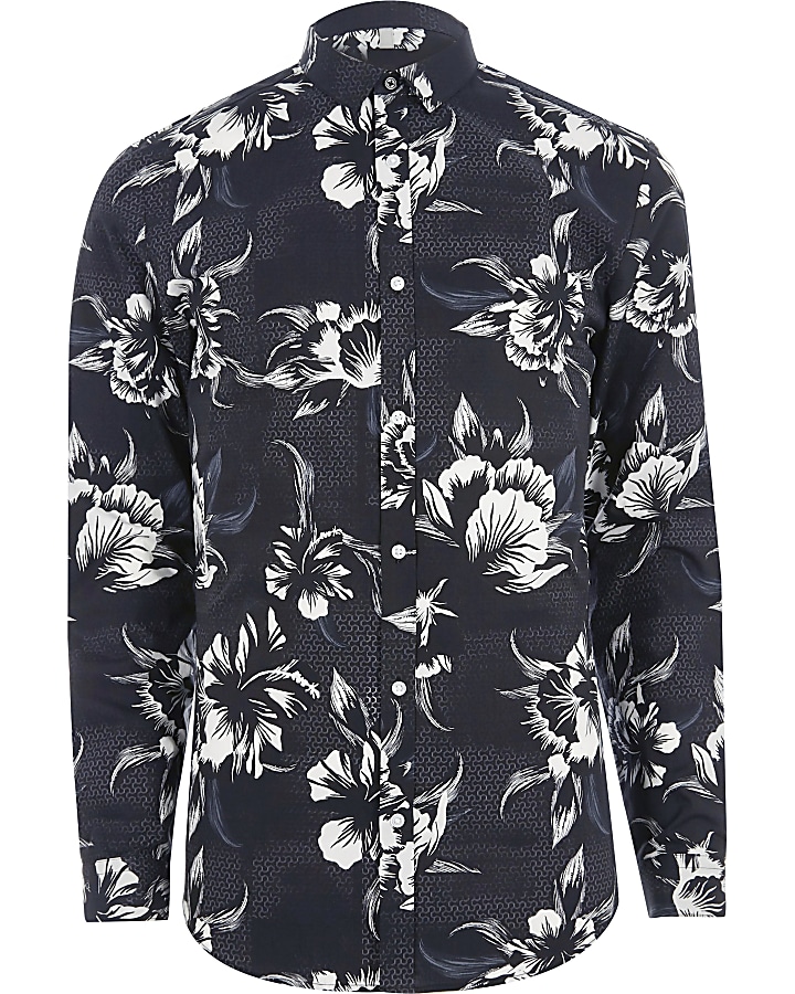 Black mono floral print long sleeve slim fit