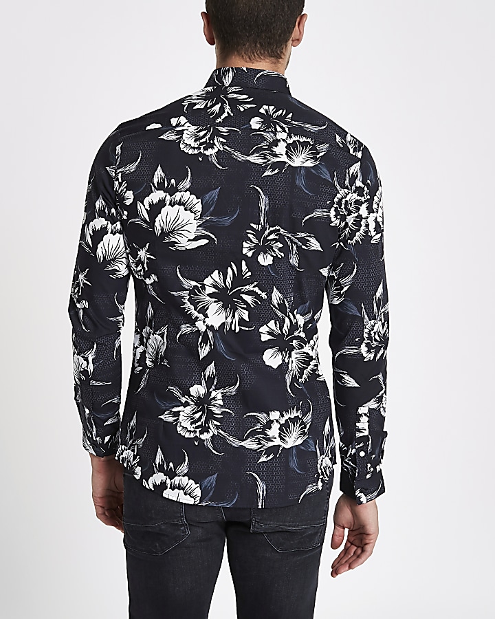 Black mono floral print long sleeve slim fit