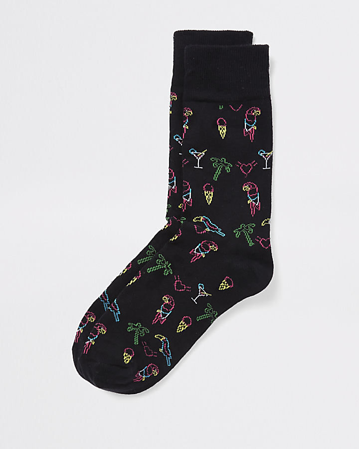 Black tropical print socks