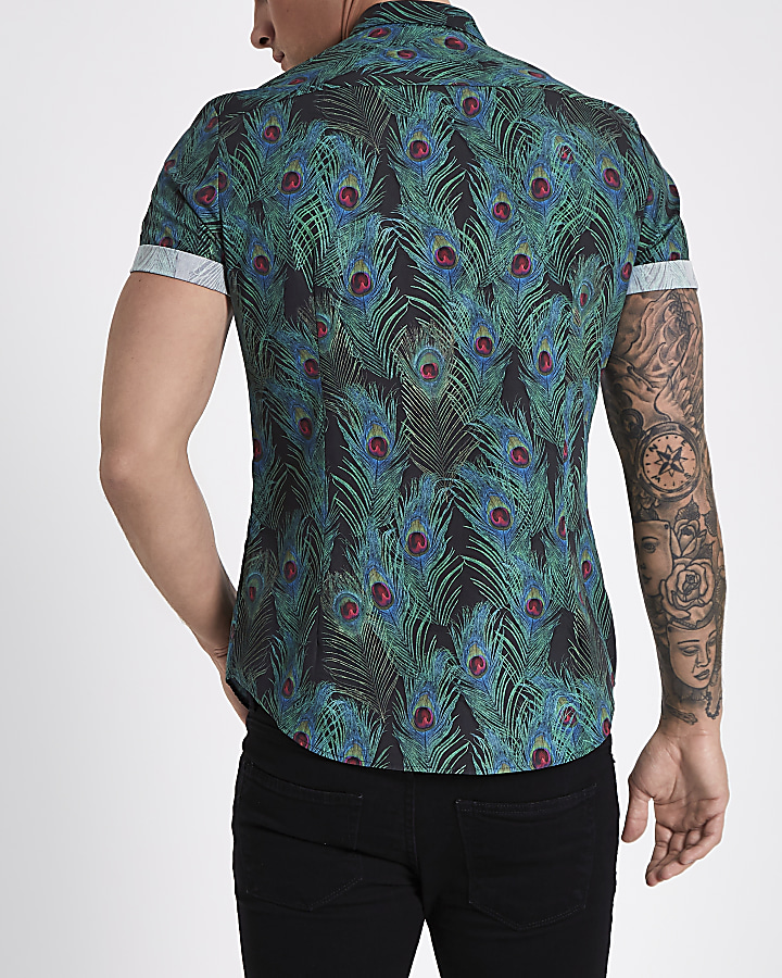 Black peacock short sleeve slim fit shirt