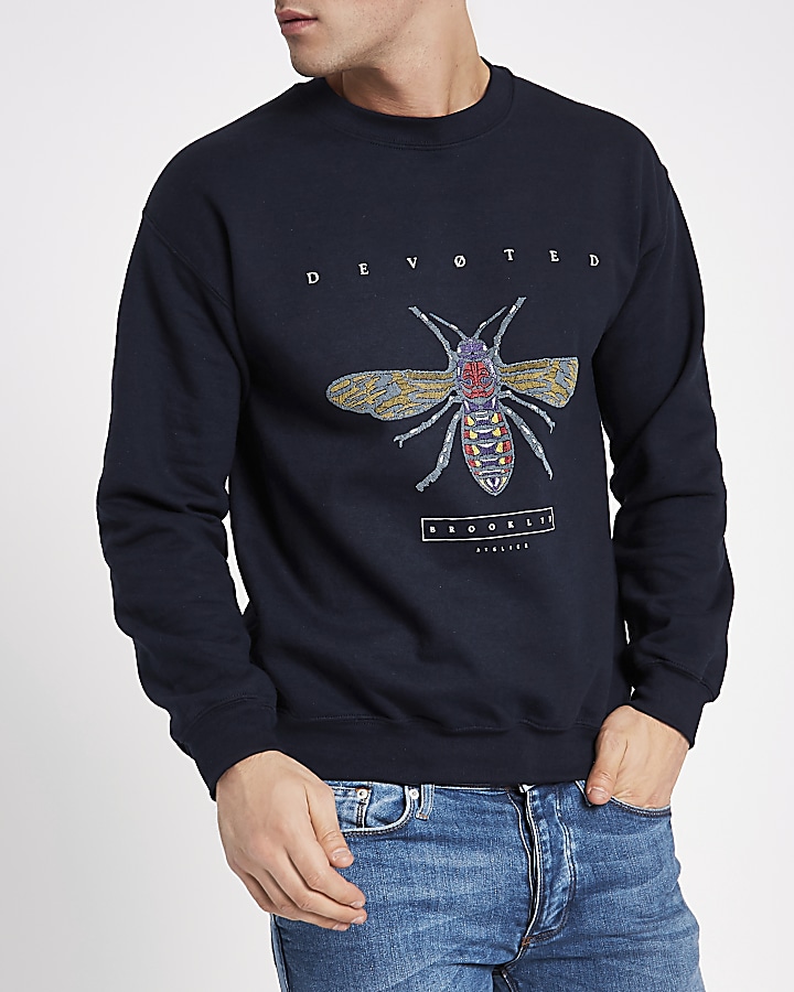 Navy 'devoted' wasp print sweatshirt