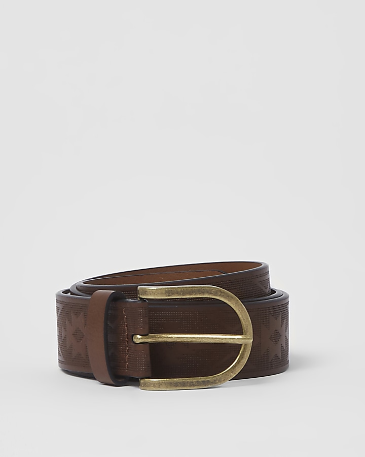 Brown embossed gold tone buckle belt