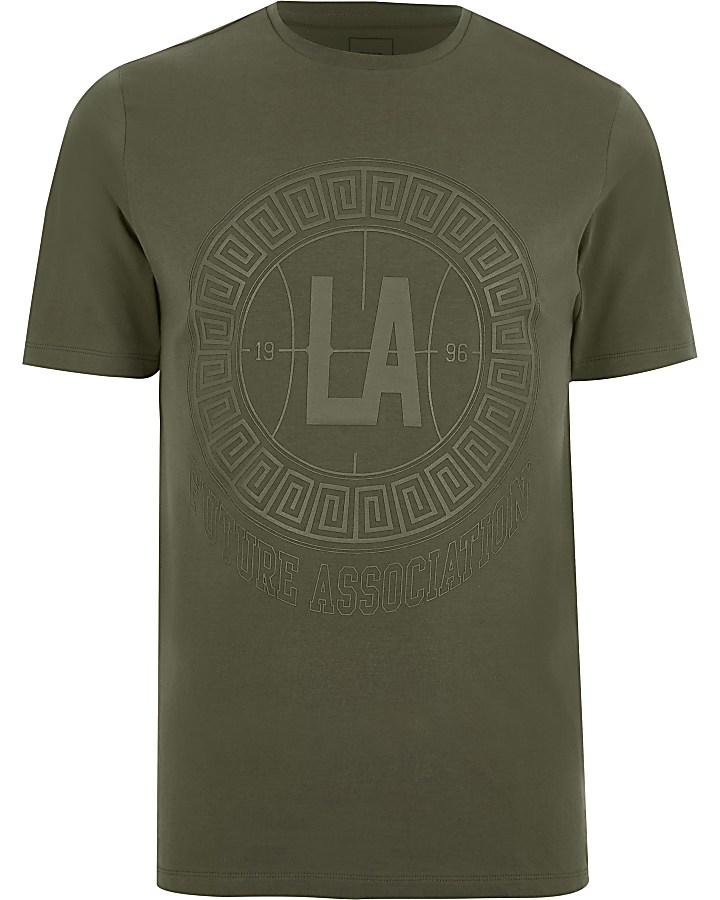 Khaki green ‘LA’ circle print slim T-shirt