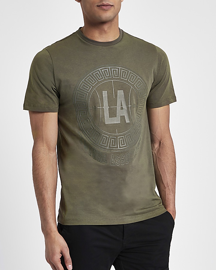 Khaki green ‘LA’ circle print slim T-shirt