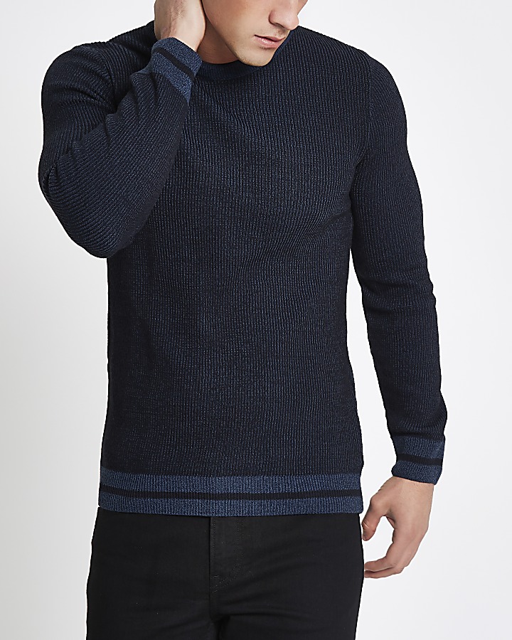 Navy ribbed muscle fit jumper