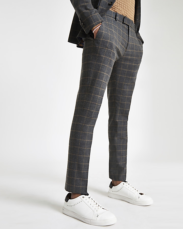 Dark grey check skinny suit trousers