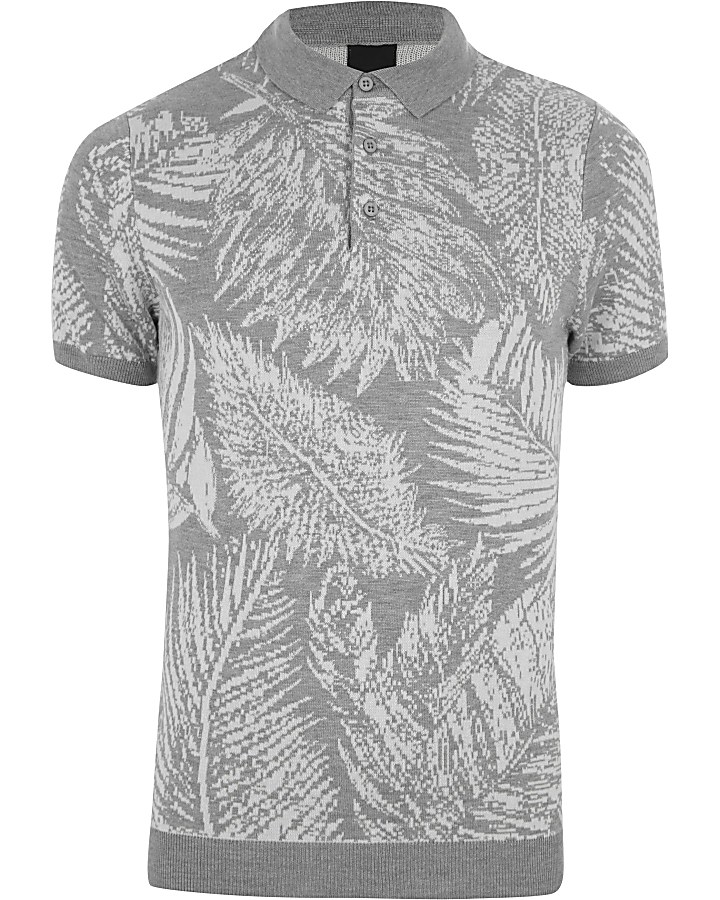 Grey palm print slim fit polo shirt