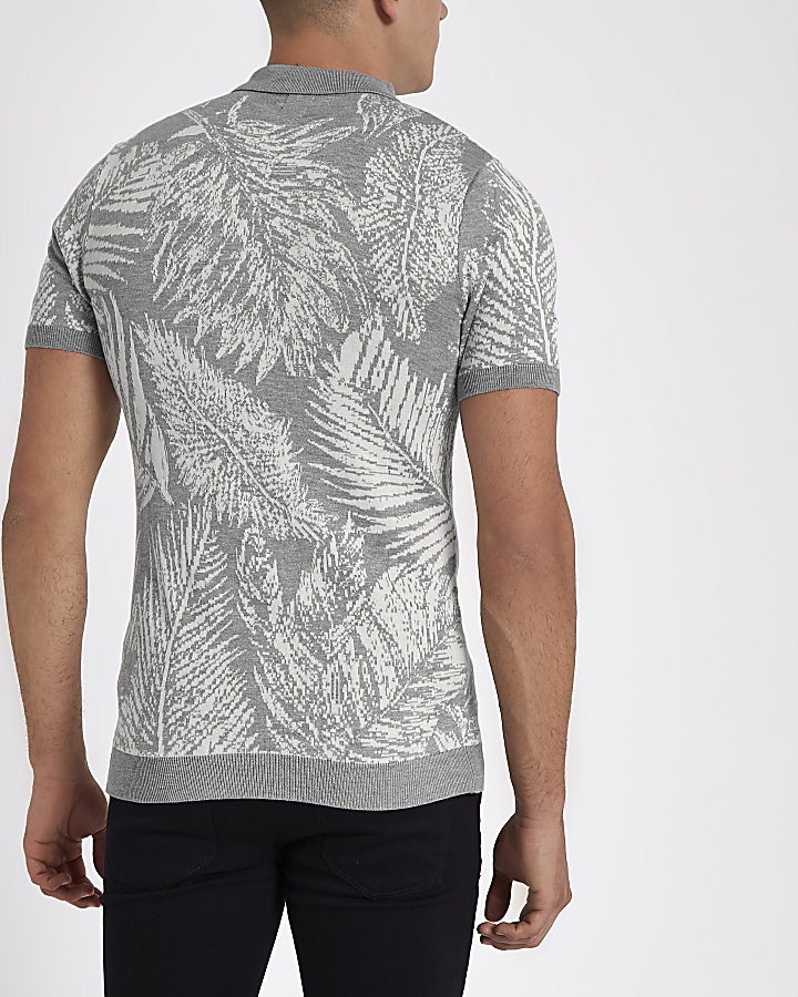 Grey palm print slim fit polo shirt