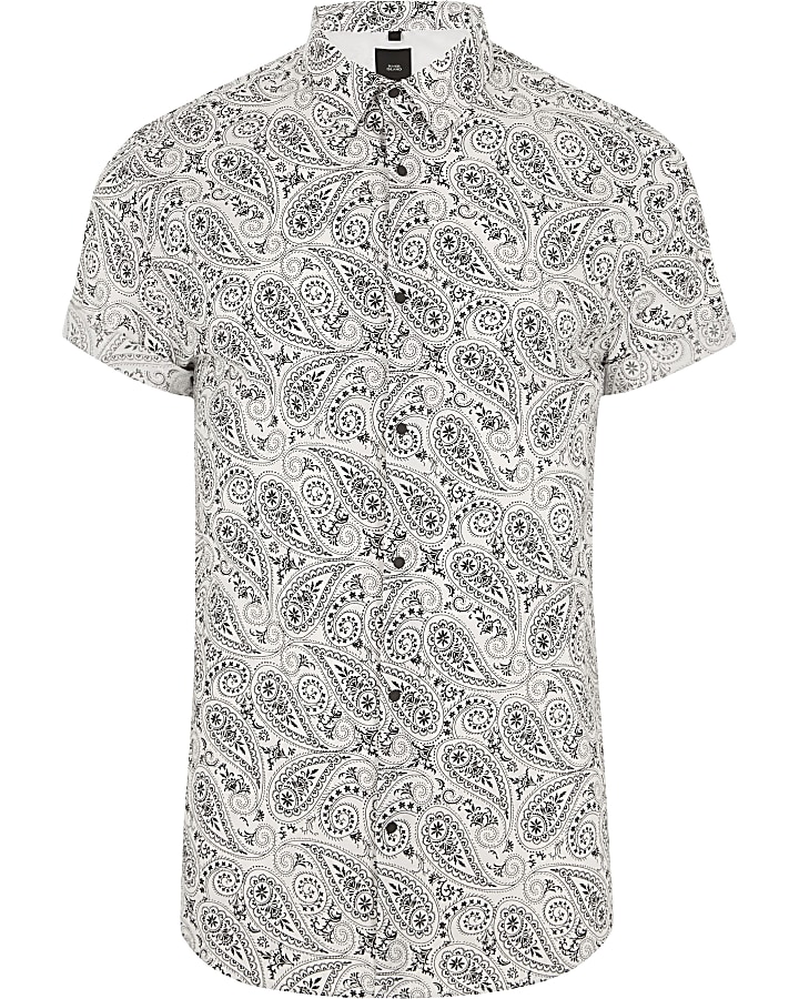 White paisley slim fit popper button shirt
