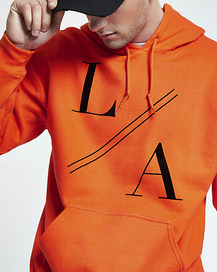 Orange ‘LA’ print long sleeve hoodie