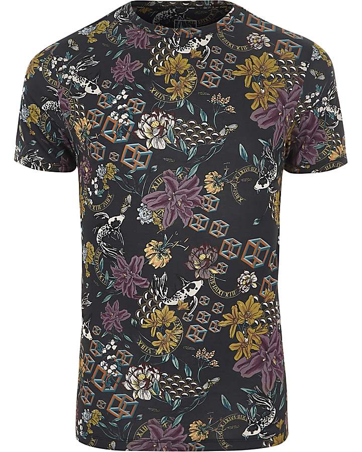 Grey muscle fit floral cube print T-shirt