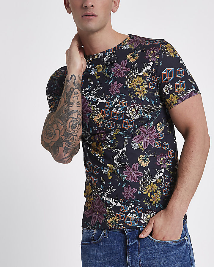 Grey muscle fit floral cube print T-shirt
