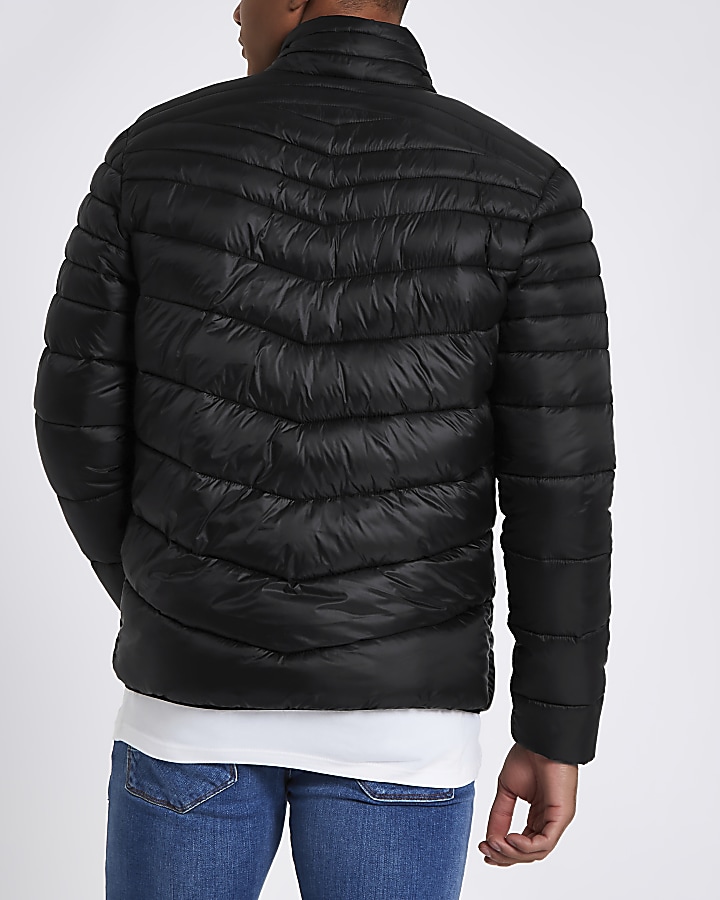 Black zip front funnel neck puffer jacket