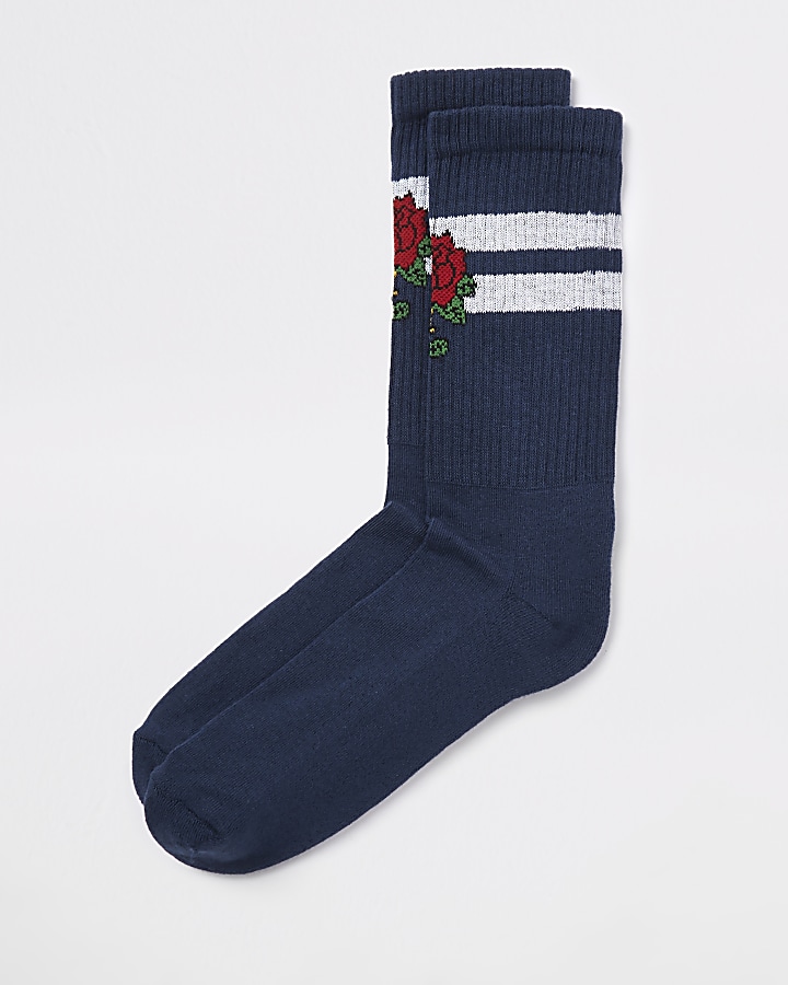 Navy rose embroidered socks