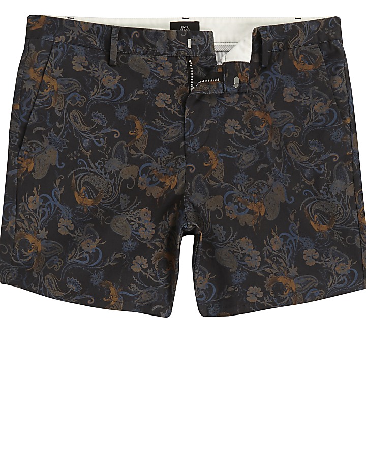 Blue paisley print slim fit chino shorts