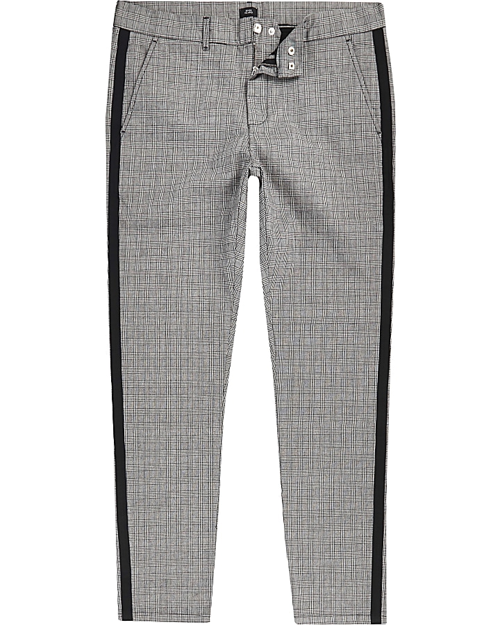 Grey check skinny fit  tape chino trousers
