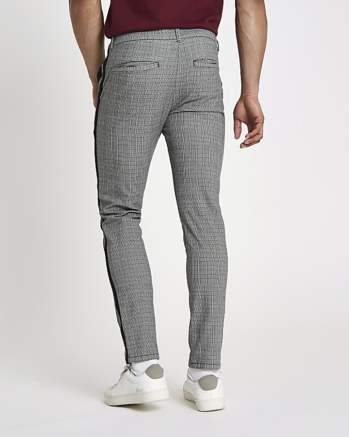 Grey check skinny fit  tape chino trousers
