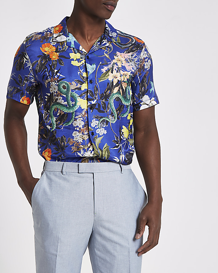 Blue short sleeve floral print shirt
