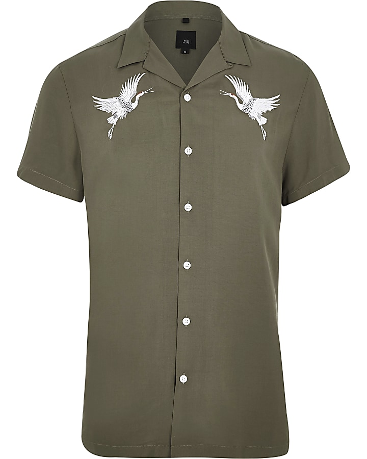 Khaki crane embroidered revere shirt