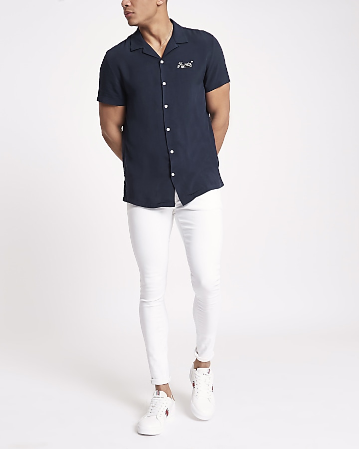Navy embroidered revere casual shirt
