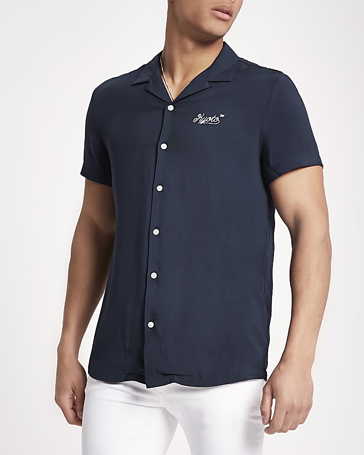 Navy embroidered revere casual shirt