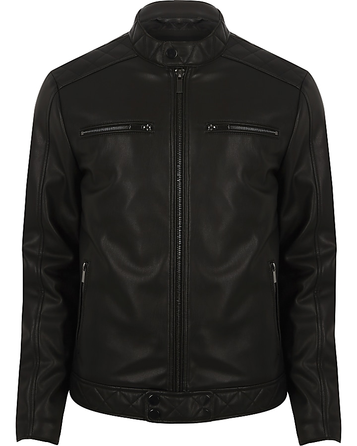 Black faux leather racer neck jacket