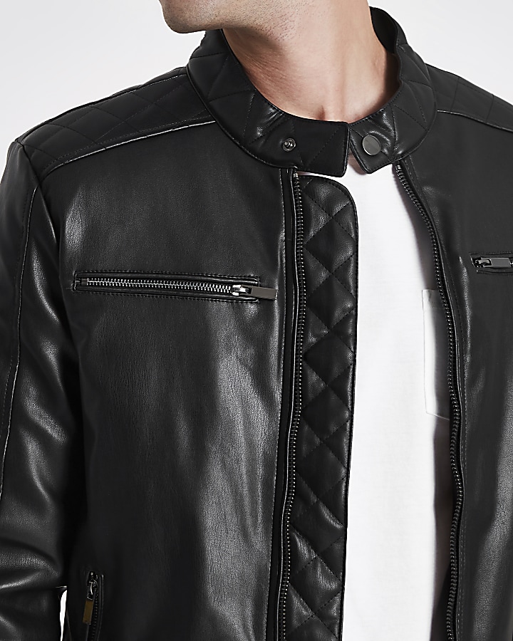 Black faux leather racer neck jacket