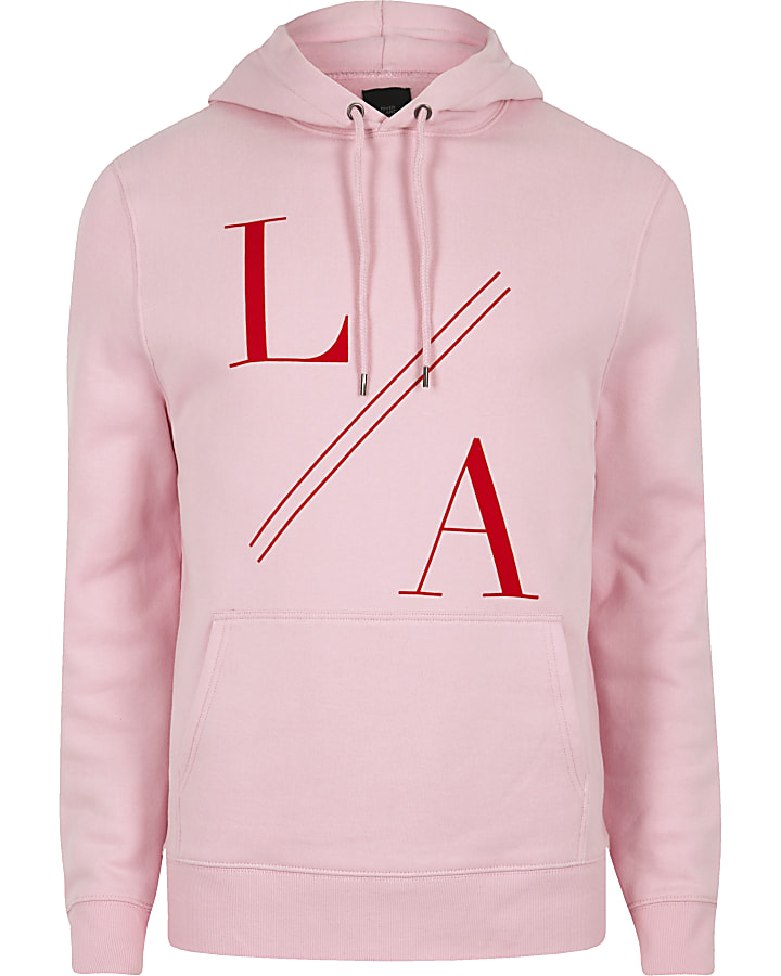 Pink ‘LA’ flock print slim fit hoodie