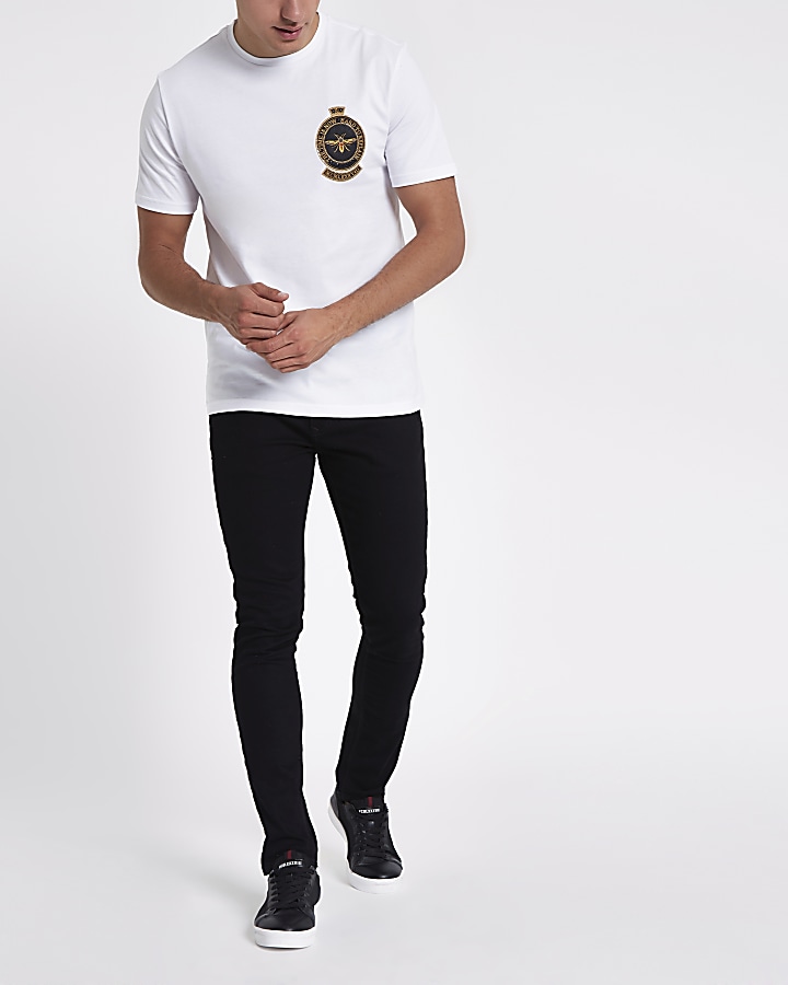 White slim fit wasp embroidered short sleeve