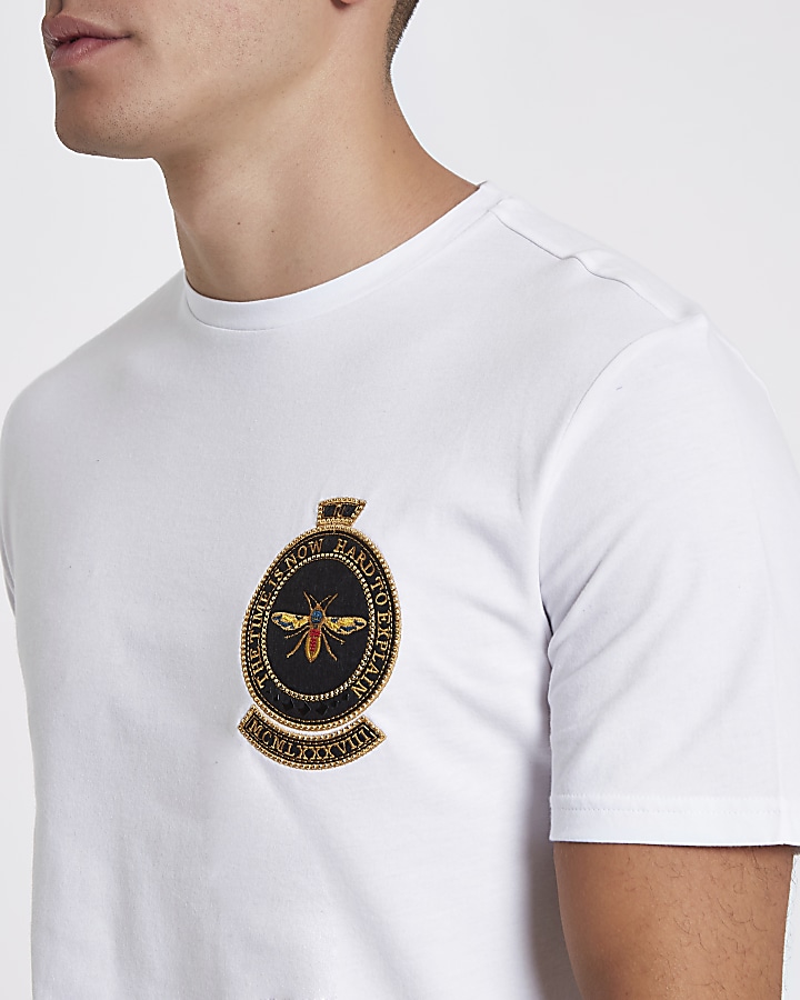 White slim fit wasp embroidered short sleeve