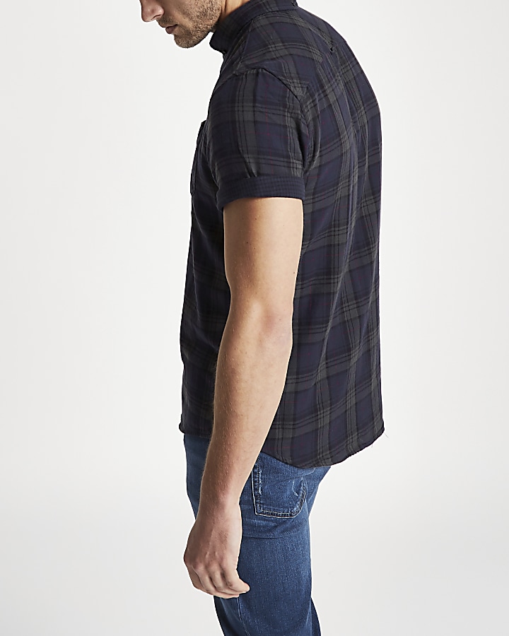 Navy check double face slim fit shirt
