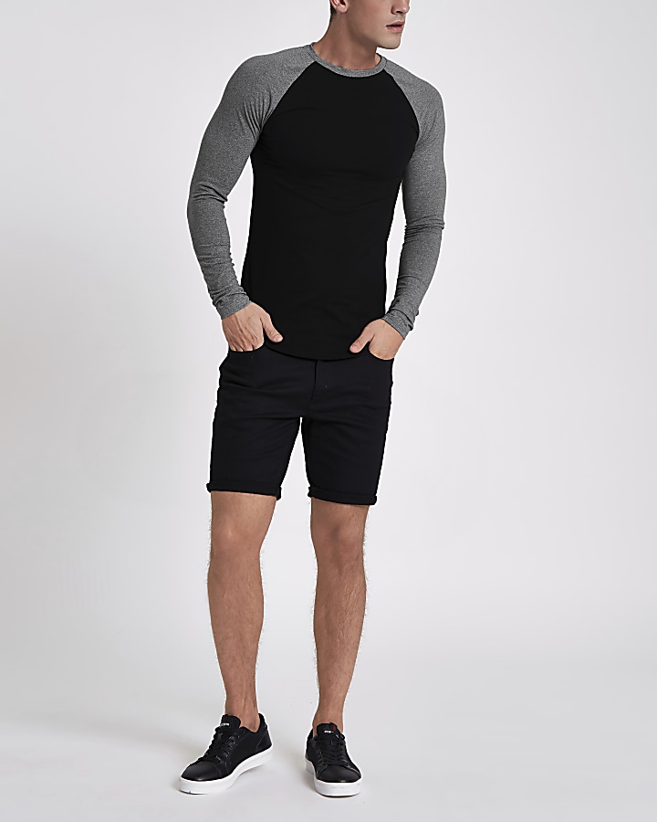 Black raglan long  sleeve muscle fit T-shirt
