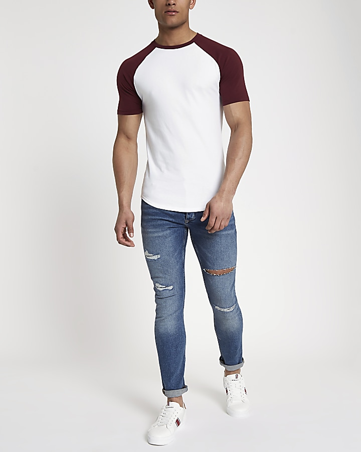 White raglan short sleeve muscle T-shirt
