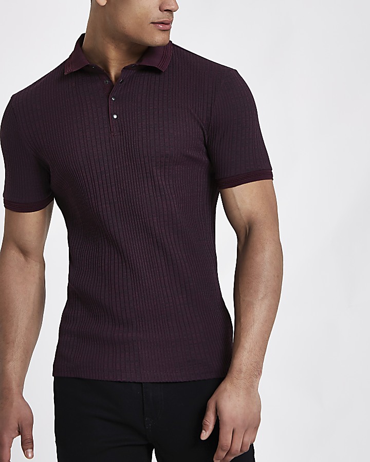 Dark red chunky rib muscle fit polo shirt