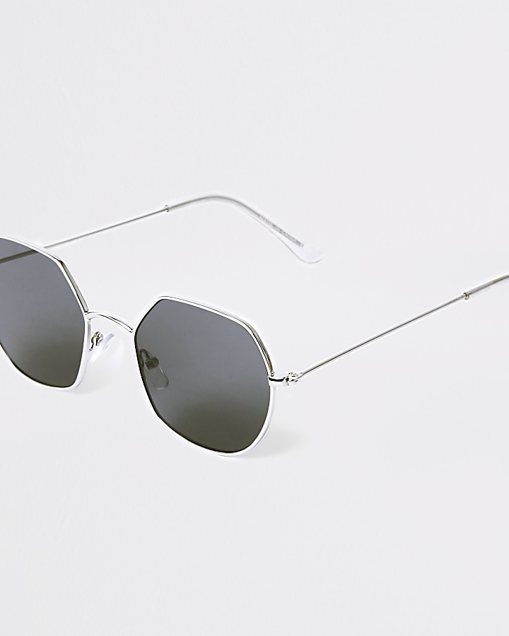 Silver tone hexagon smoke lens sunglasses