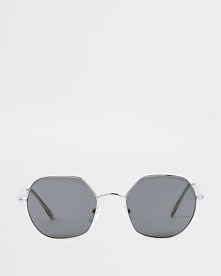 Silver tone hexagon smoke lens sunglasses