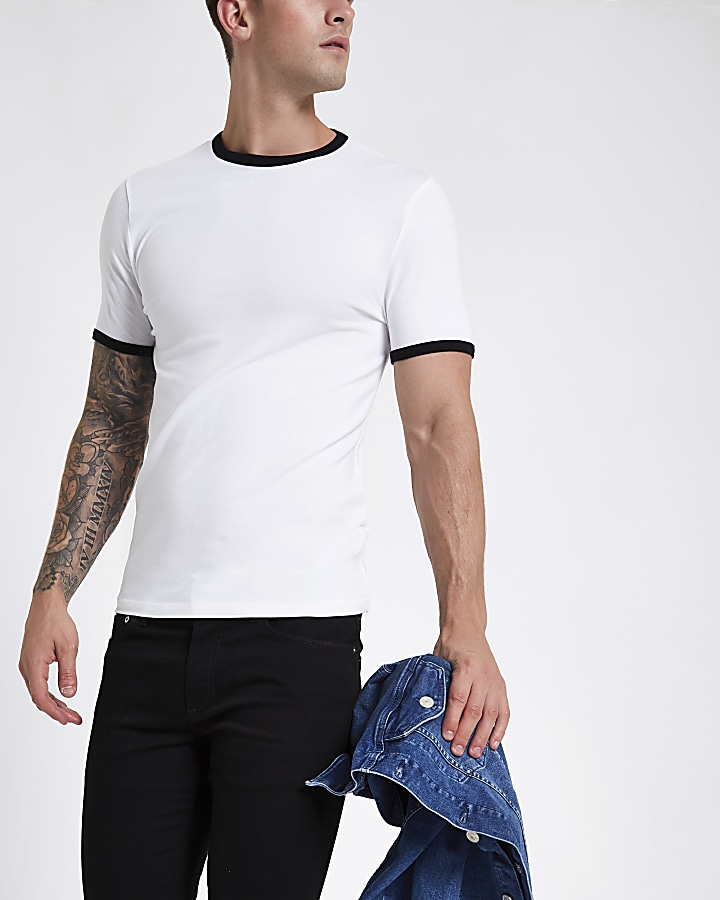 White ringer muscle fit T-shirt