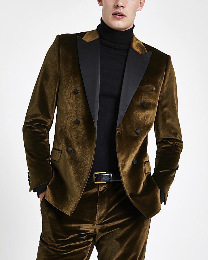 Gold velvet double breasted suit jacket