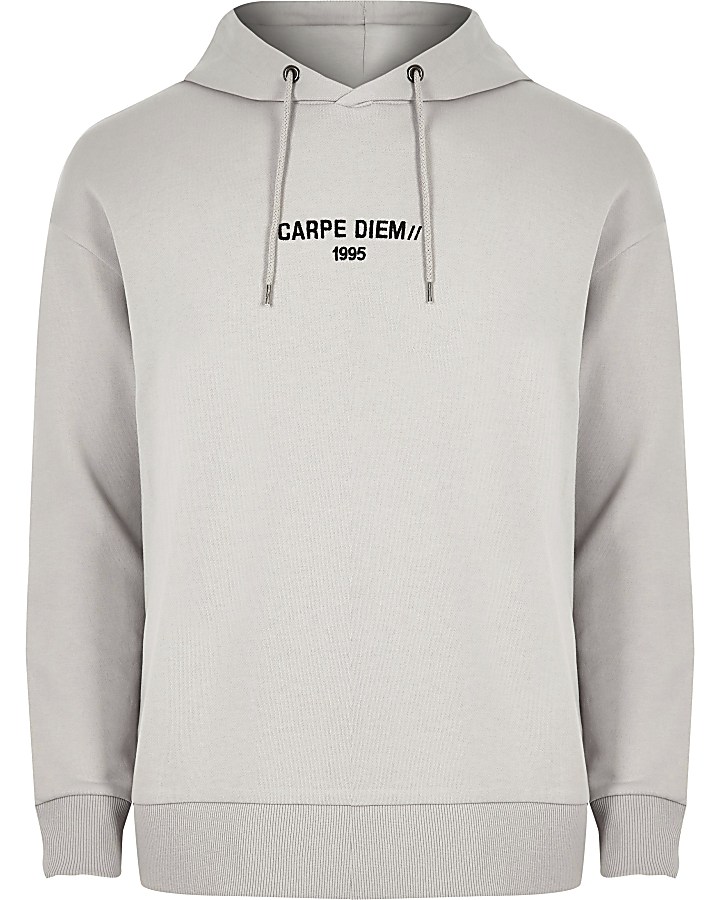 Grey 'carpe diem' tape sleeve hoodie