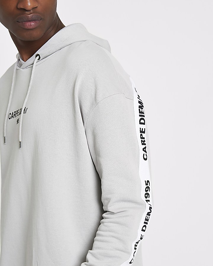 Grey 'carpe diem' tape sleeve hoodie