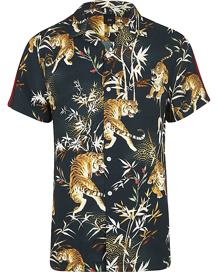 Navy tape tiger print revere shirt