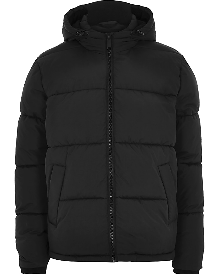 Black hooded puffer jacket with funnel neck
