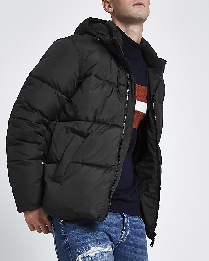 Black hooded puffer jacket with funnel neck