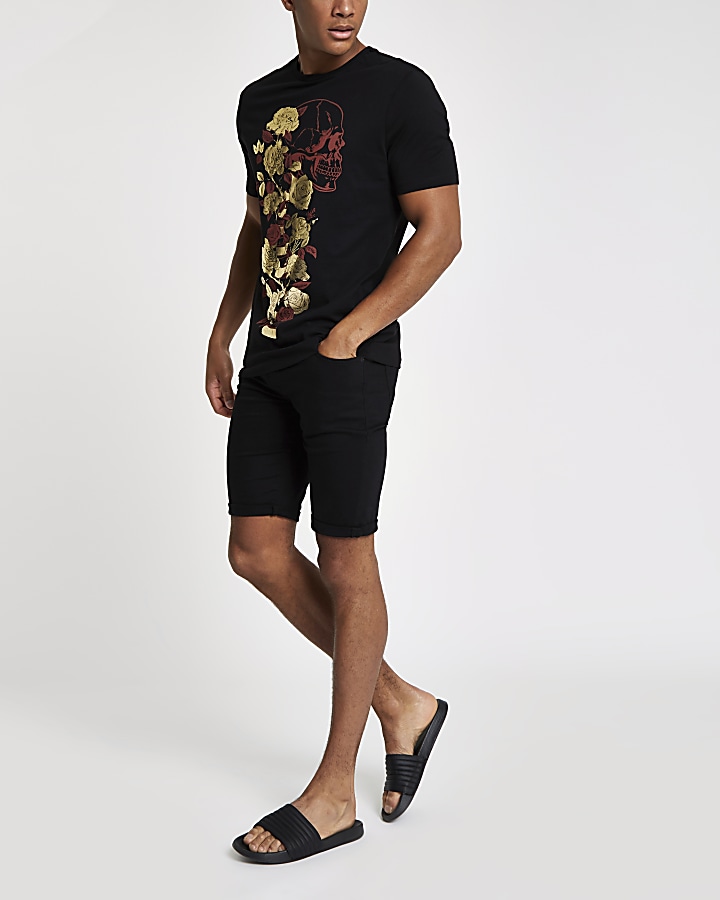 Black floral skull print slim fit T-shirt