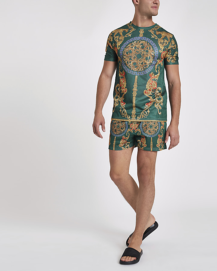 Green mesh baroque print slim fit shorts
