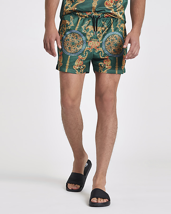Green mesh baroque print slim fit shorts